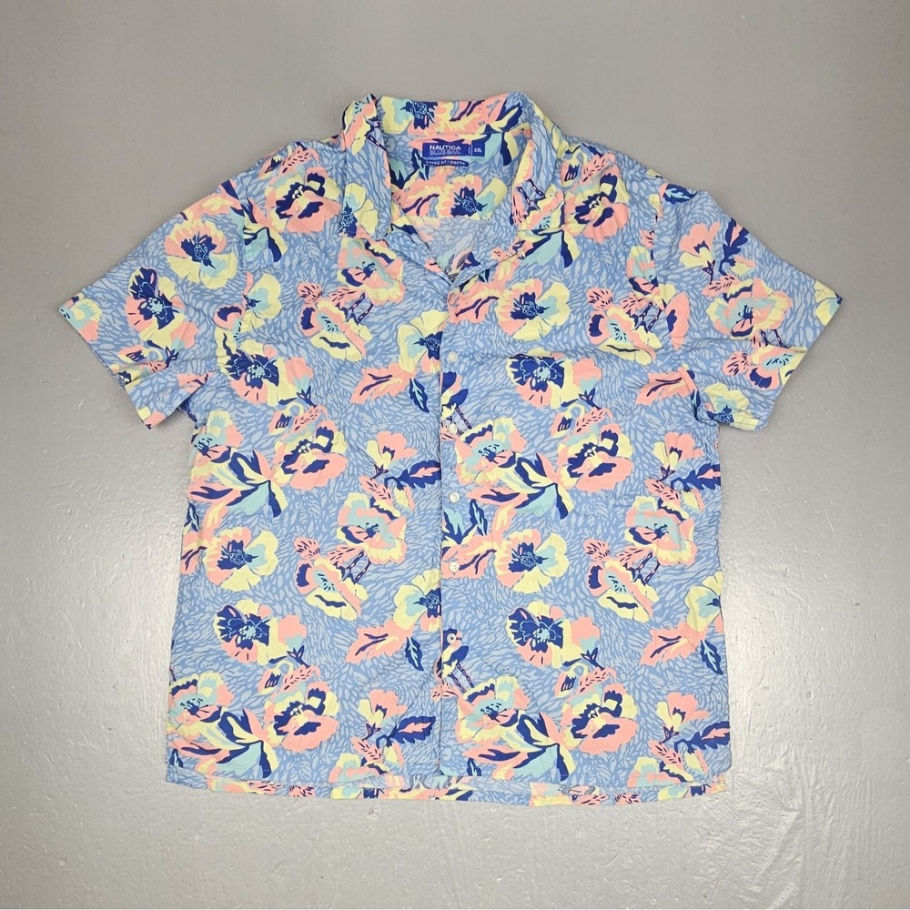 Nautica Blue‎ Sail Button Up Shirt Mens 2XL Tropical Floral Print Short Sleeve